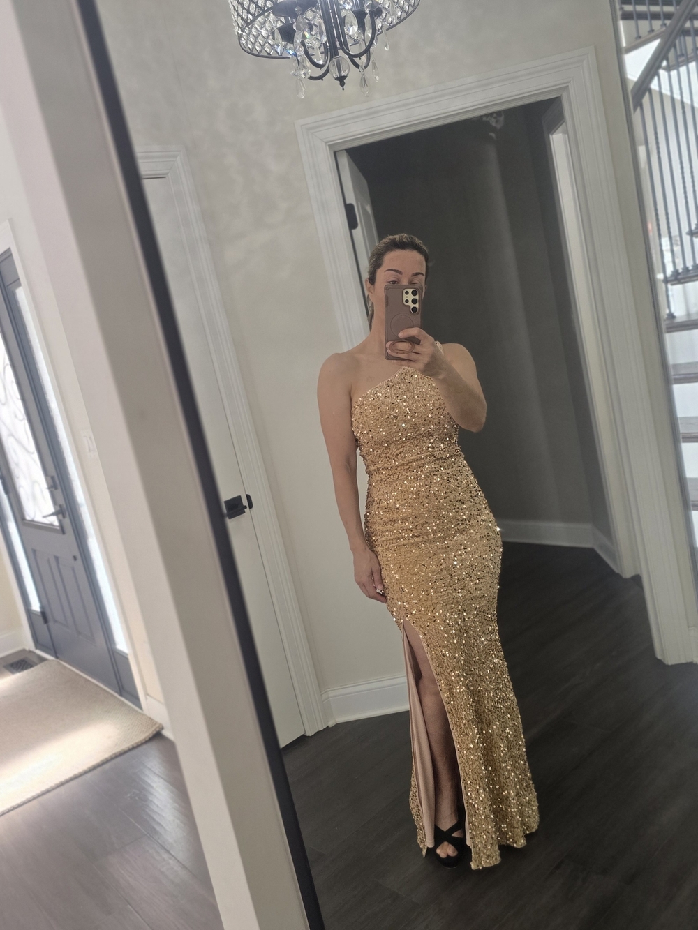 Gold Sequin Strapless Evening Gown with Side Slit
